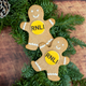 Two gingerbread men biscuits with RNLI logos, decorated with white icing and resting on festive greenery.