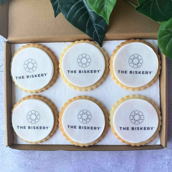 Gift box of 6 branded logo biscuits with "The Biskery" logo. Perfect corporate gift.  pen_spark