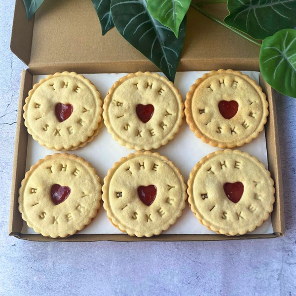 Gift box of 6 jam biscuits with "The Biskery" logo, perfect for corporate gifting.