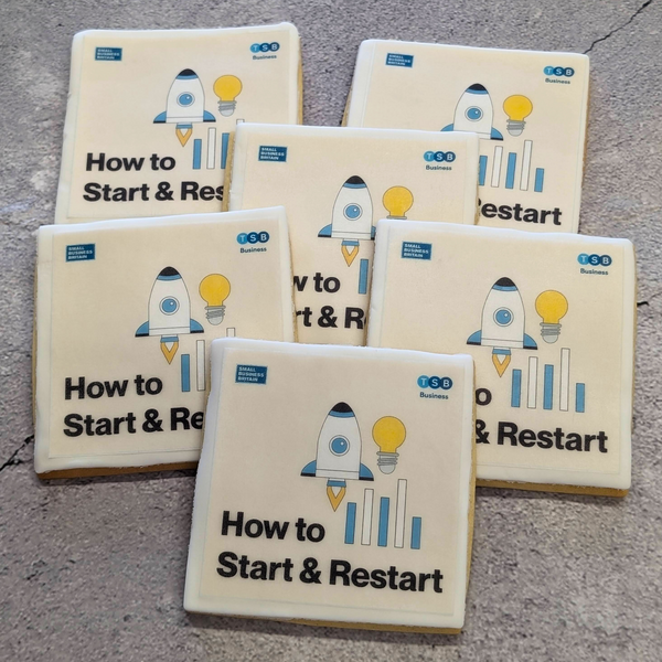 Individually Wrapped Square Biscuits with the TSB logo and "How to Start & Restart" message, promoting business support.