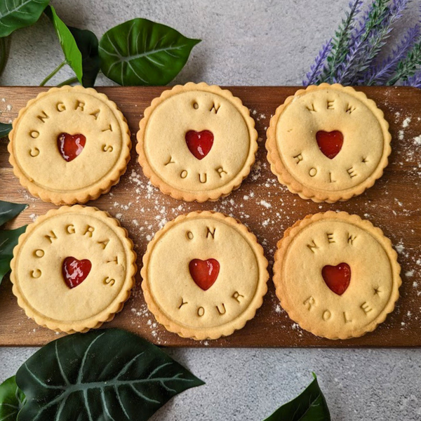 Staff promotion gift box: 6 jam cookies with "Congrats on your new role" message.