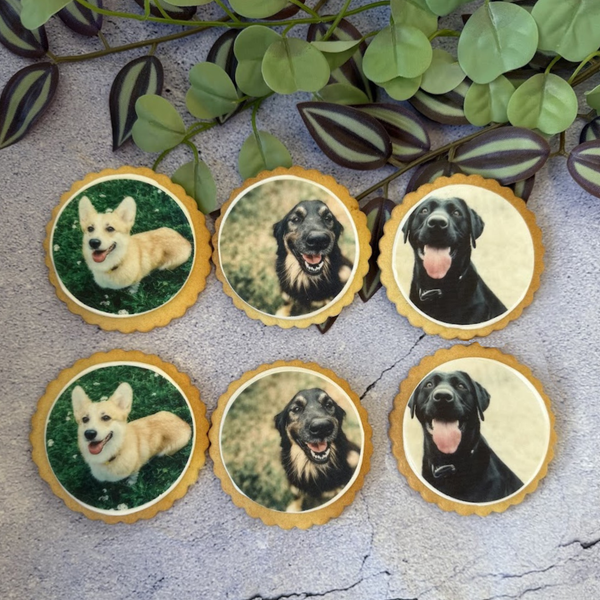 Six dog biscuits featuring edible images of three different dog breeds, arranged on a surface with green leaves.